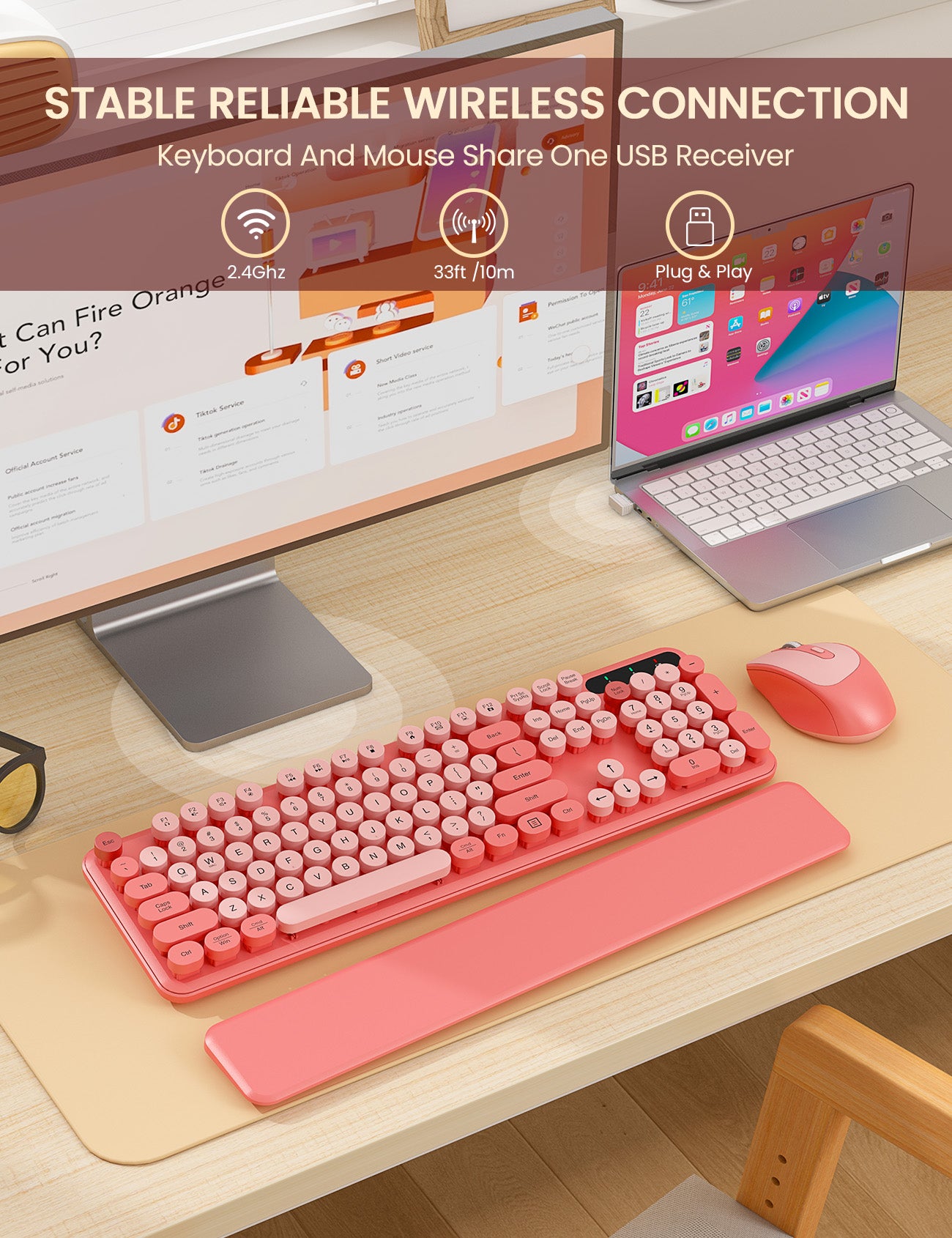 Wireless Keyboard and Mouse - Cute Typewriter Keyboard with Detachable Wrist Rest