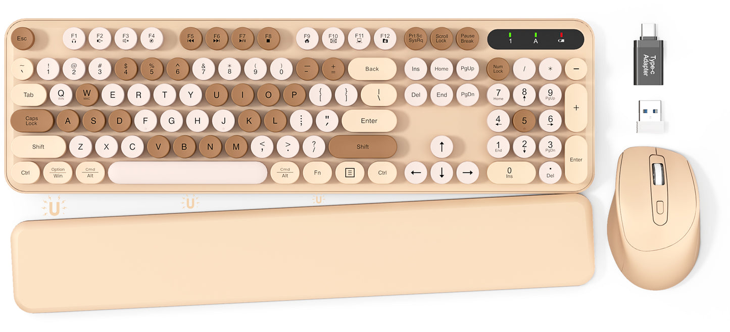 Wireless Keyboard and Mouse - Cute Typewriter Keyboard with Detachable Wrist Rest
