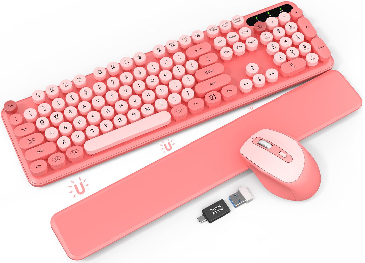 Wireless Keyboard and Mouse - Cute Typewriter Keyboard with Detachable Wrist Rest