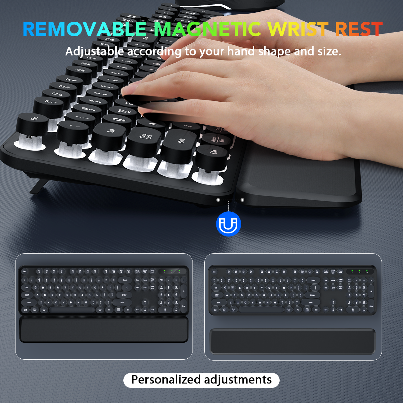 Wireless Keyboard and Mouse Backlit - Typewriter Keyboard with Detachable Wrist Rest