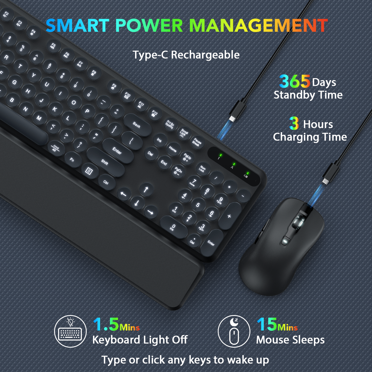 Wireless Keyboard and Mouse Backlit - Typewriter Keyboard with Detachable Wrist Rest