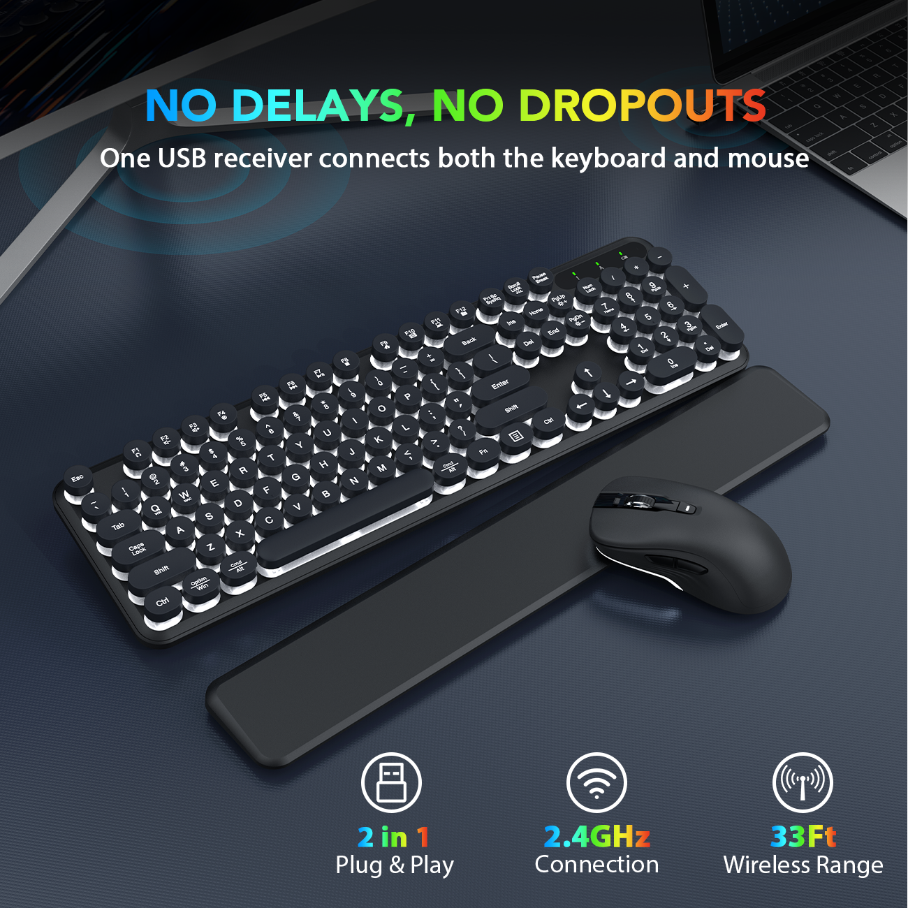 Wireless Keyboard and Mouse Backlit - Typewriter Keyboard with Detachable Wrist Rest