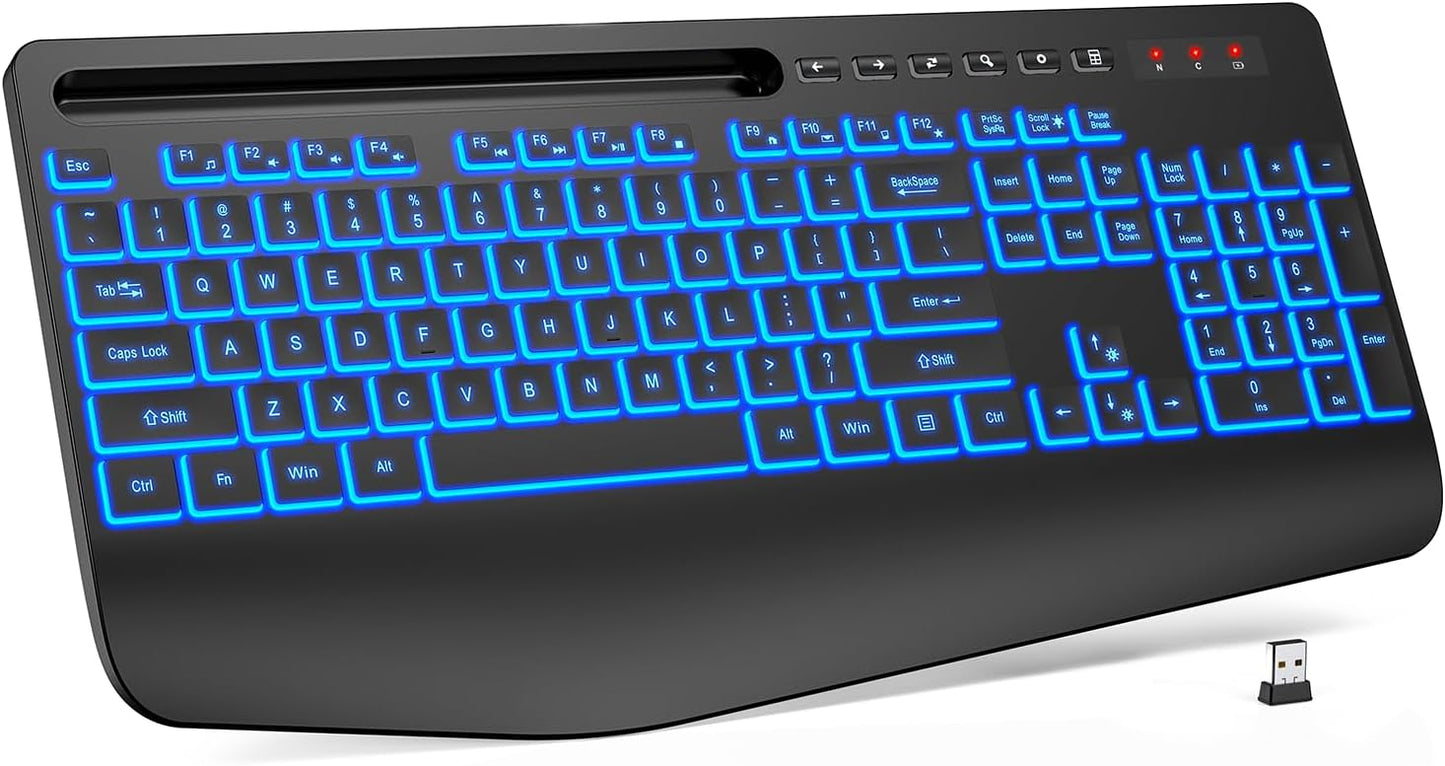 Wireless Keyboard with 7 Colored Backlits, Wrist Rest, Phone Holder