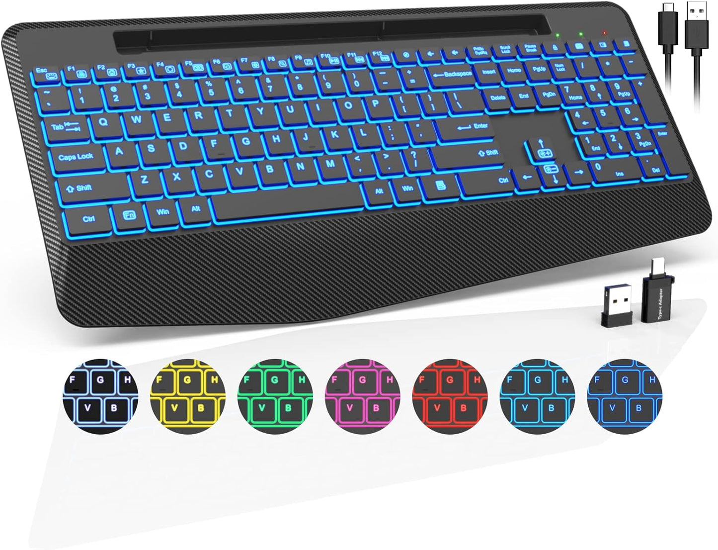 Wireless Keyboard with 7 Colored Backlits, Wrist Rest, Phone Holder