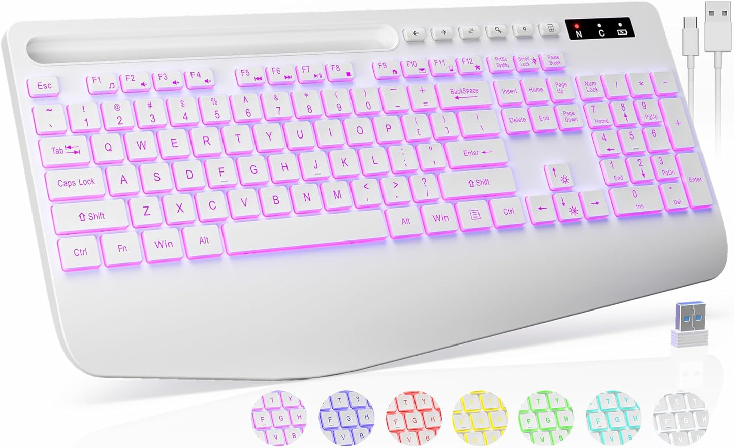 Wireless Keyboard with 7 Colored Backlits, Wrist Rest, Phone Holder