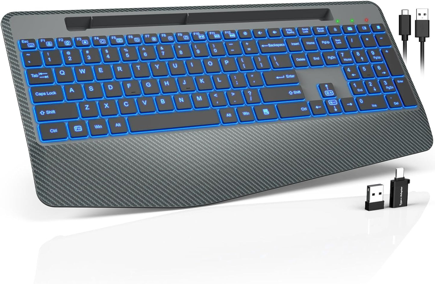 Wireless Keyboard with 7 Colored Backlits, Wrist Rest, Phone Holder