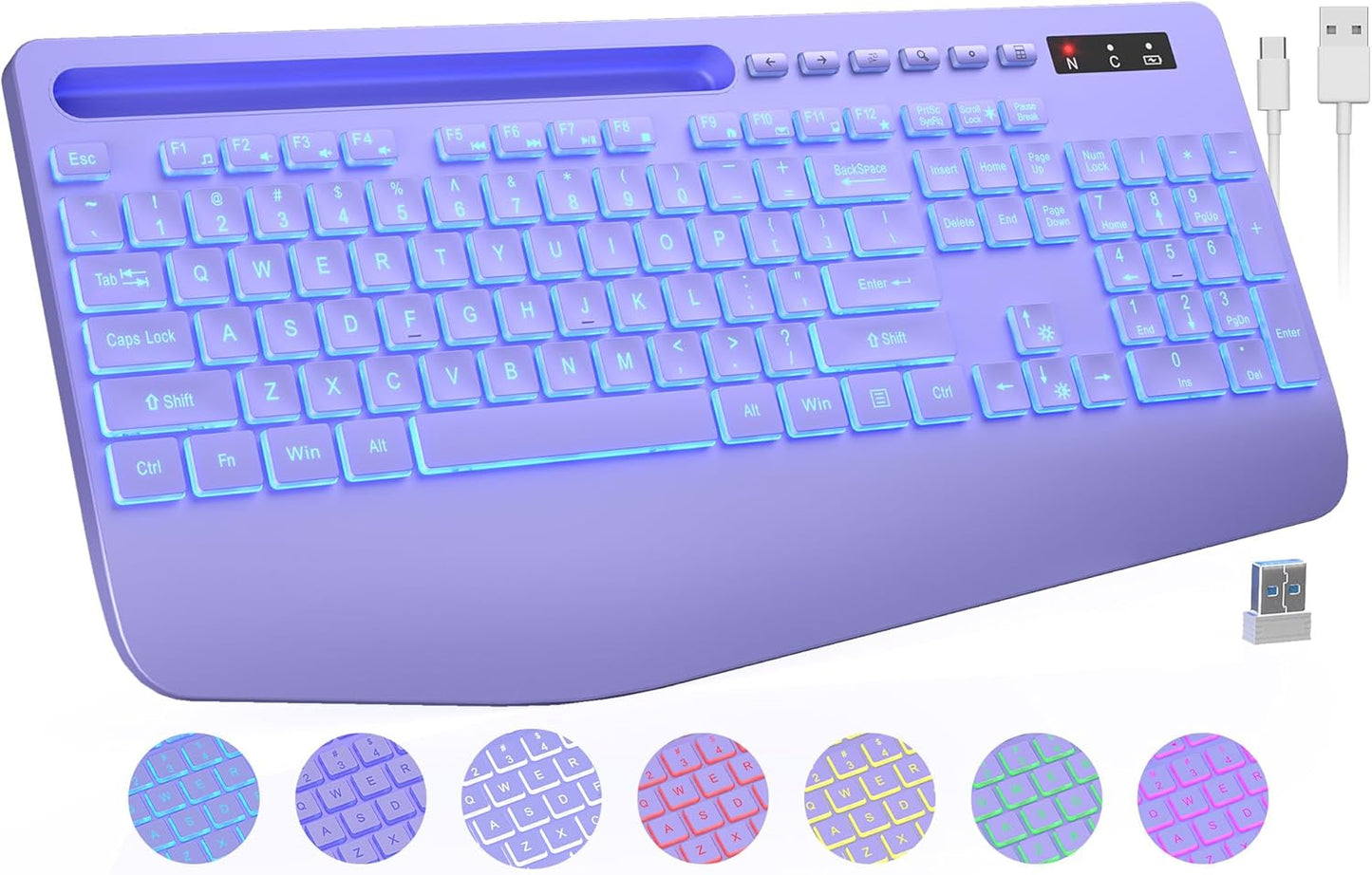 Wireless Keyboard with 7 Colored Backlits, Wrist Rest, Phone Holder