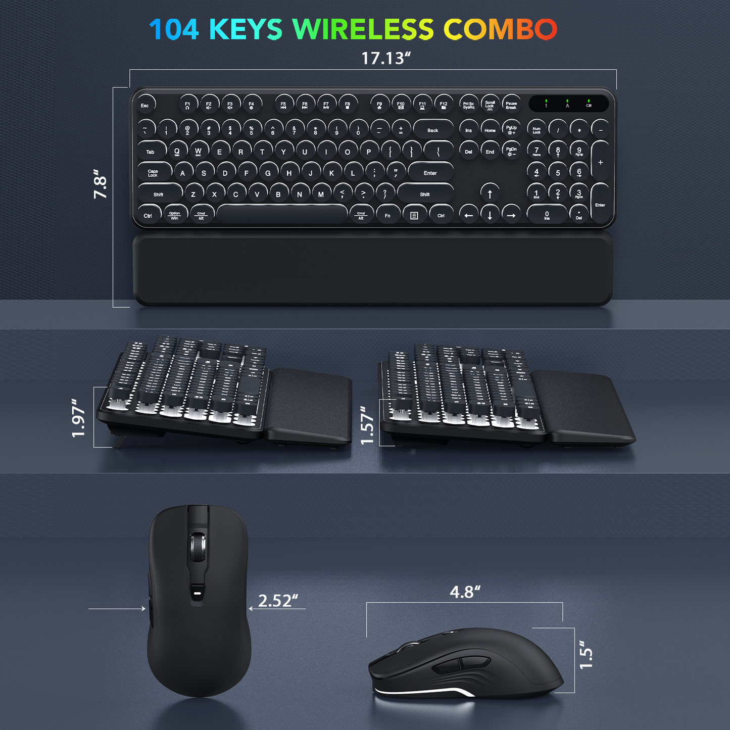 Wireless Keyboard and Mouse Backlit - Typewriter Keyboard with Detachable Wrist Rest