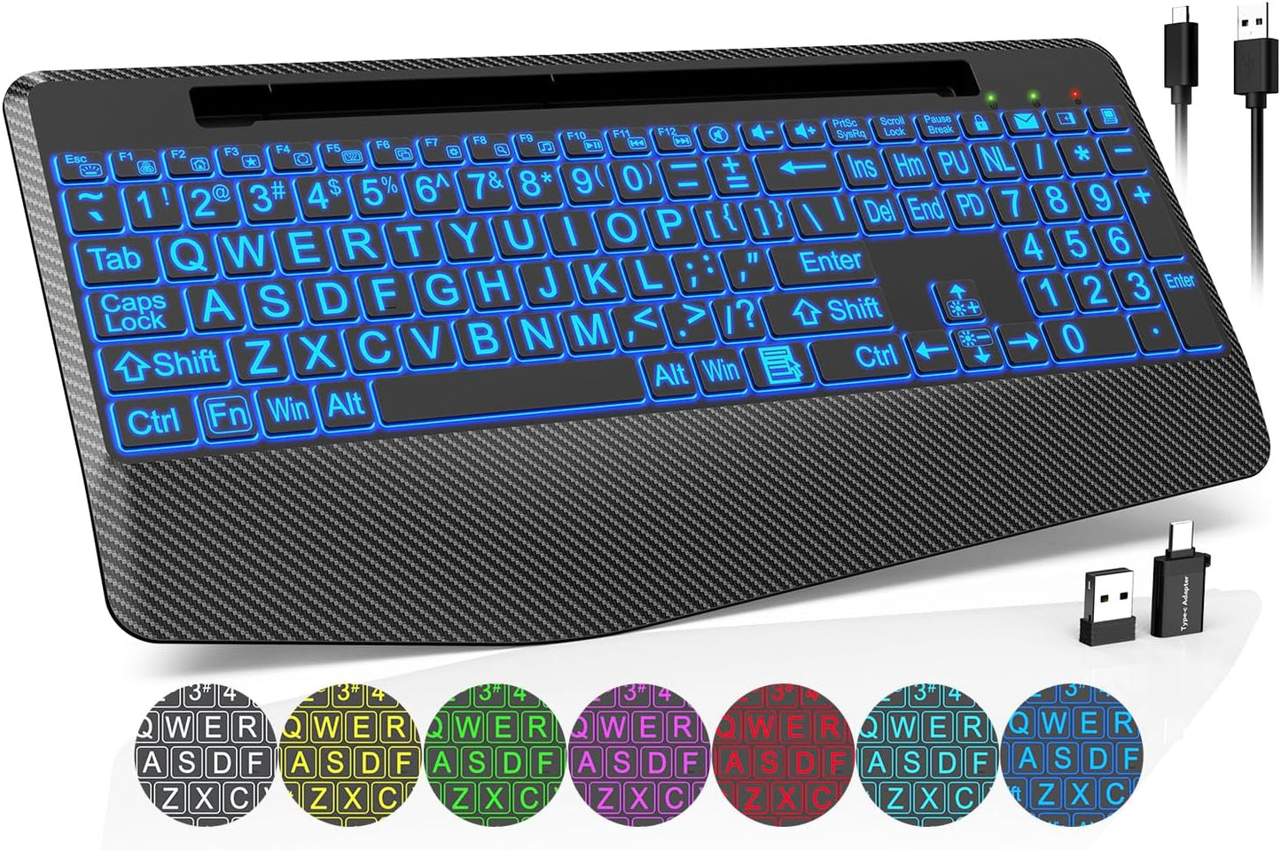 Wireless Keyboard with 7 Colored Backlits, Wrist Rest, Phone Holder