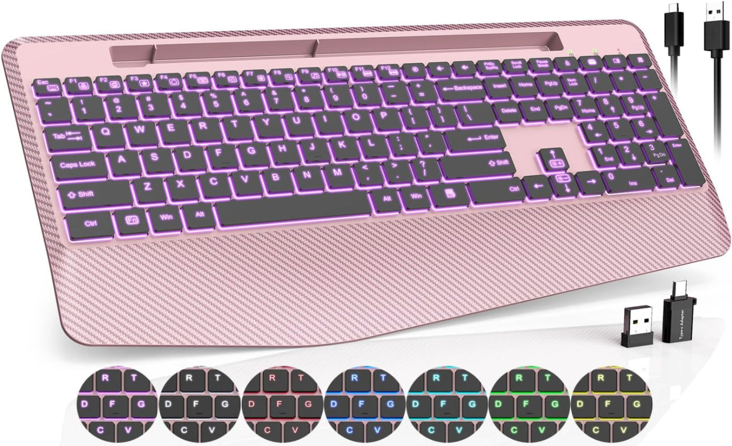 Wireless Keyboard with 7 Colored Backlits, Wrist Rest, Phone Holder