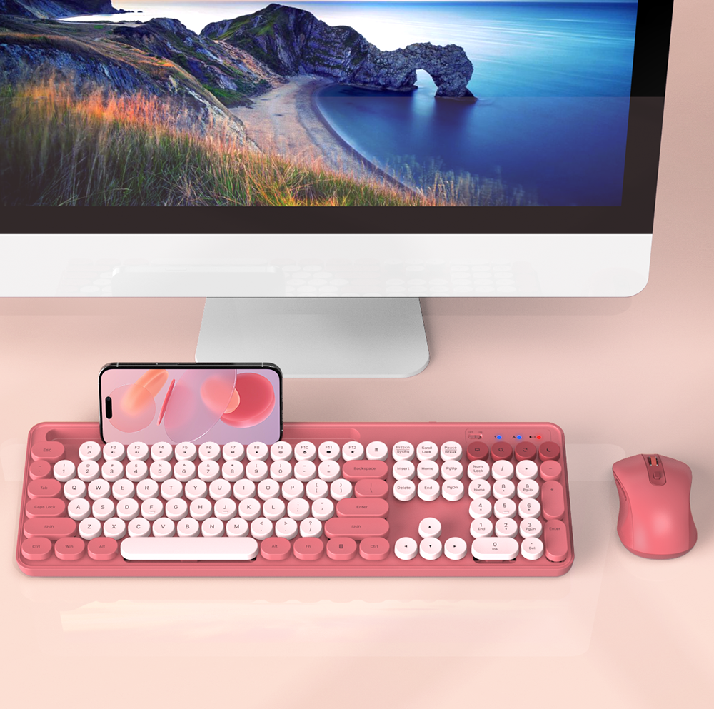 Wireless Keyboard and Mouse Combo, Retro Round Keycaps
