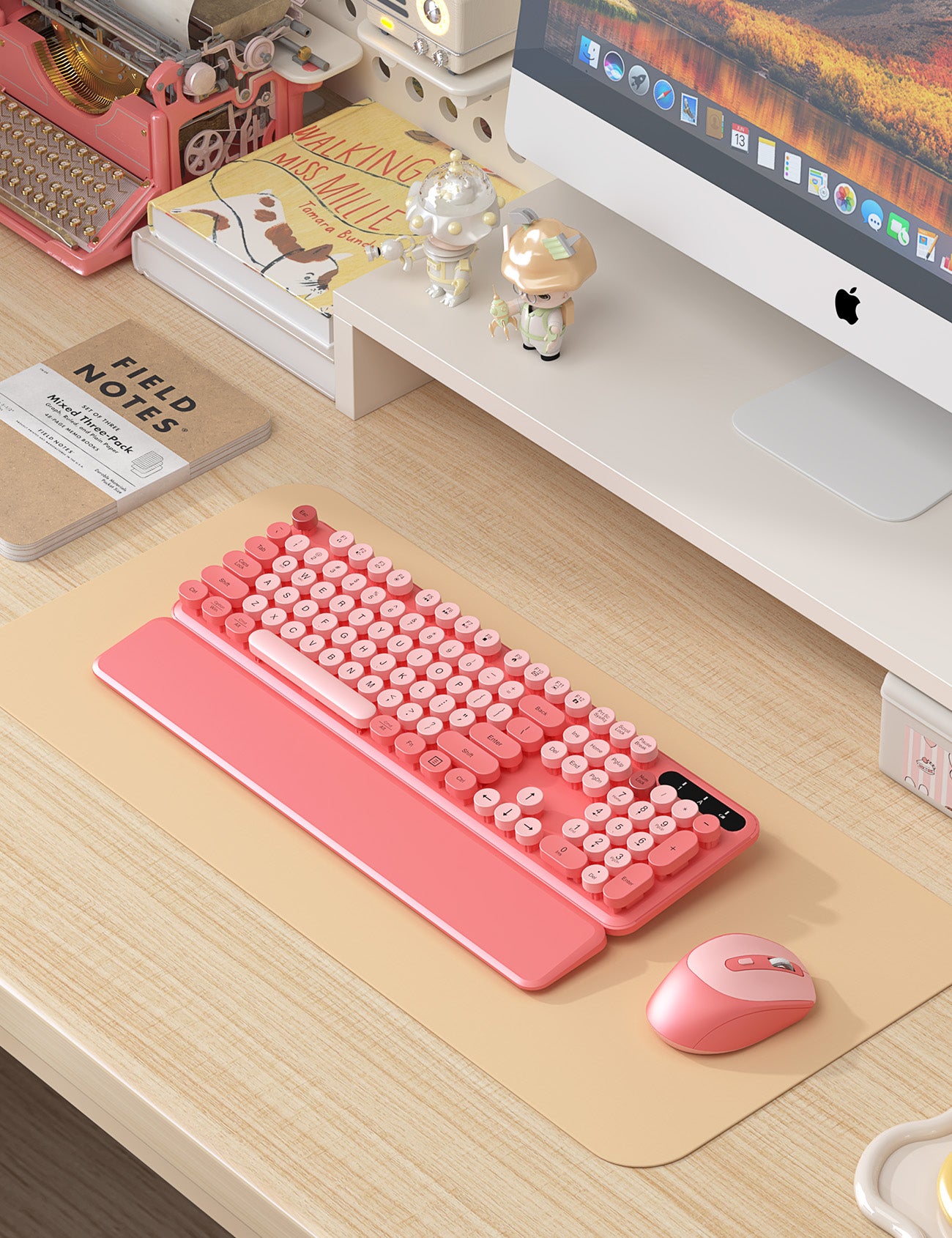 Wireless Keyboard and Mouse - Cute Typewriter Keyboard with Detachable Wrist Rest