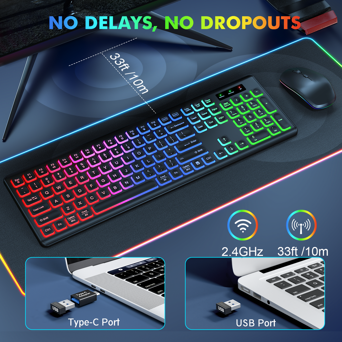 Wireless Keyboard and Mouse Combo - RGB Backlit
