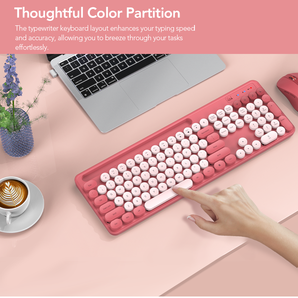 Wireless Keyboard and Mouse Combo, Retro Round Keycaps