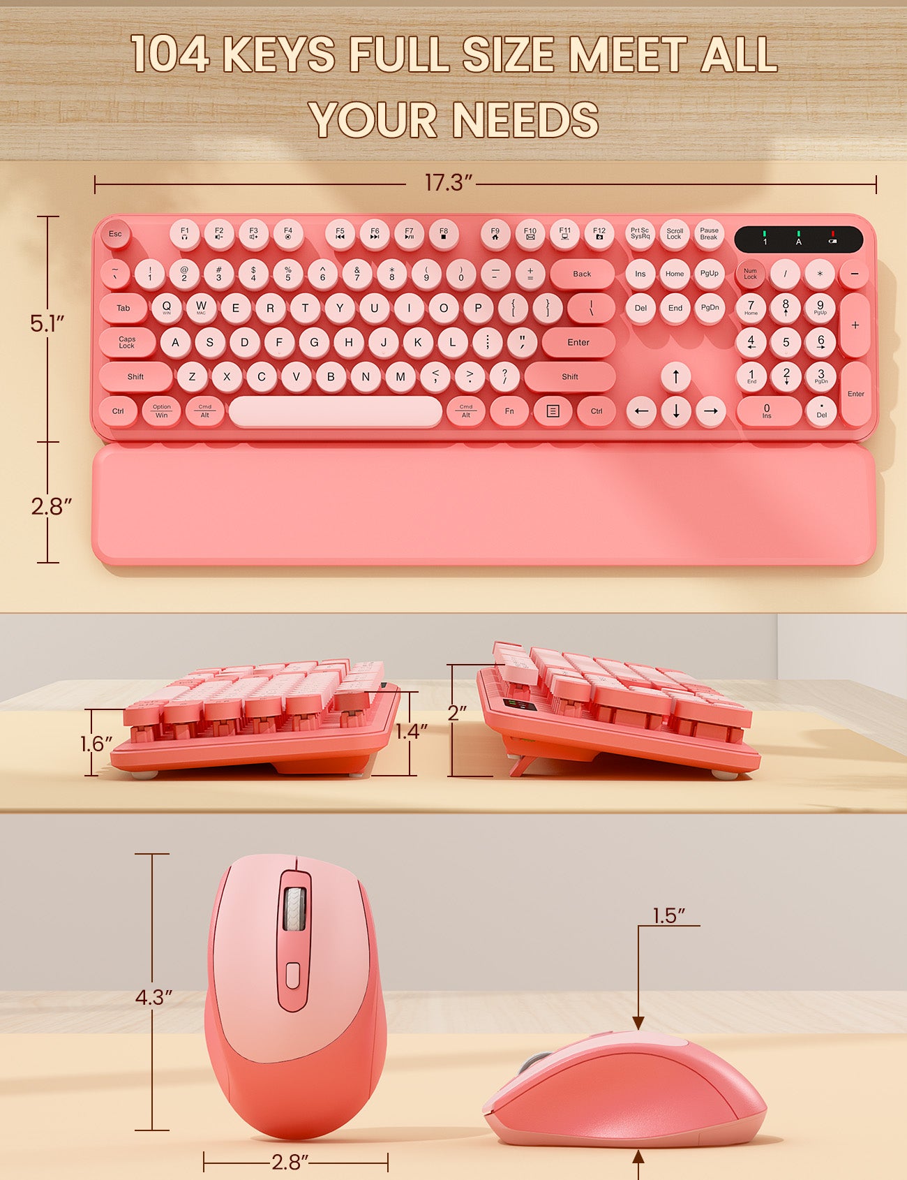 Wireless Keyboard and Mouse - Cute Typewriter Keyboard with Detachable Wrist Rest