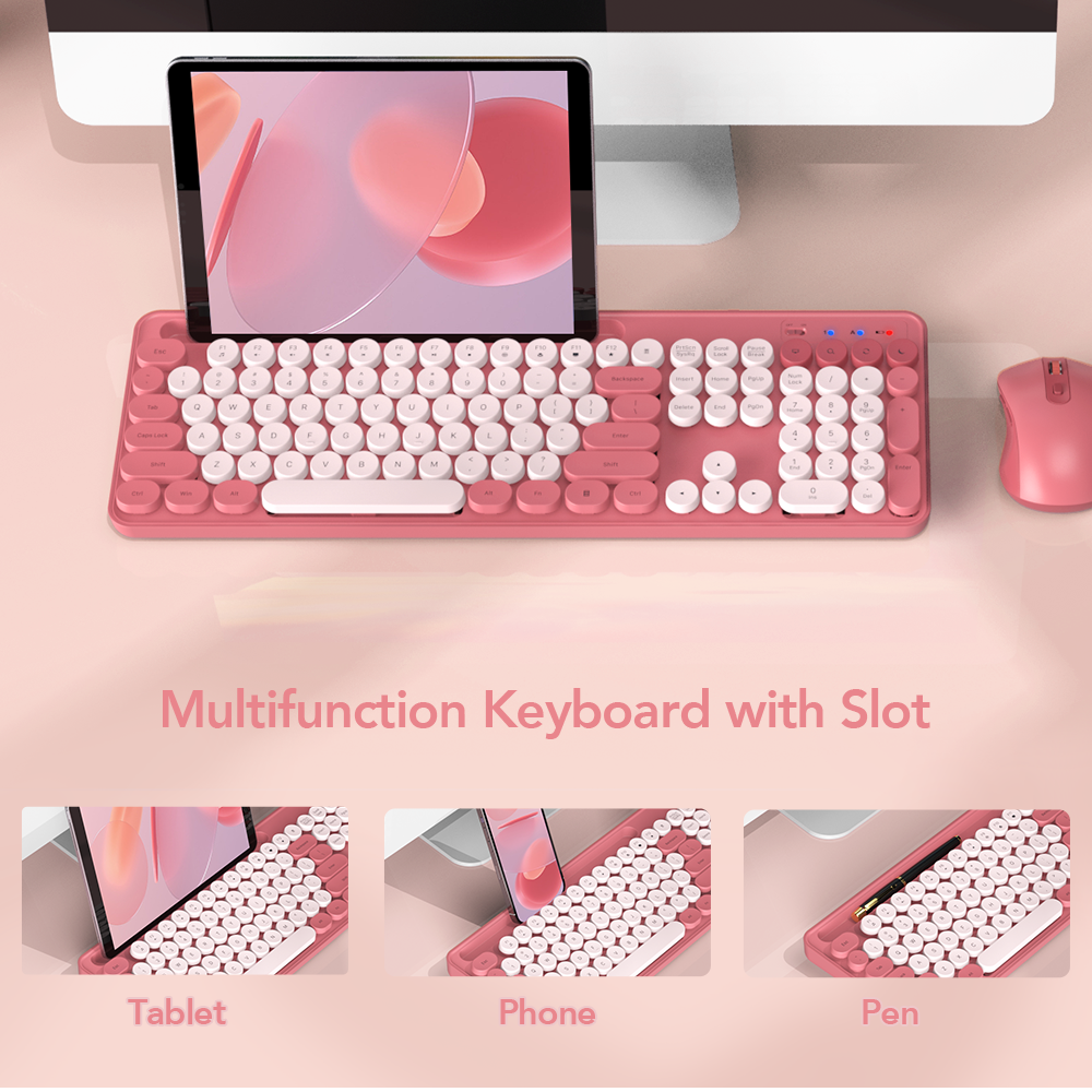 Wireless Keyboard and Mouse Combo, Retro Round Keycaps