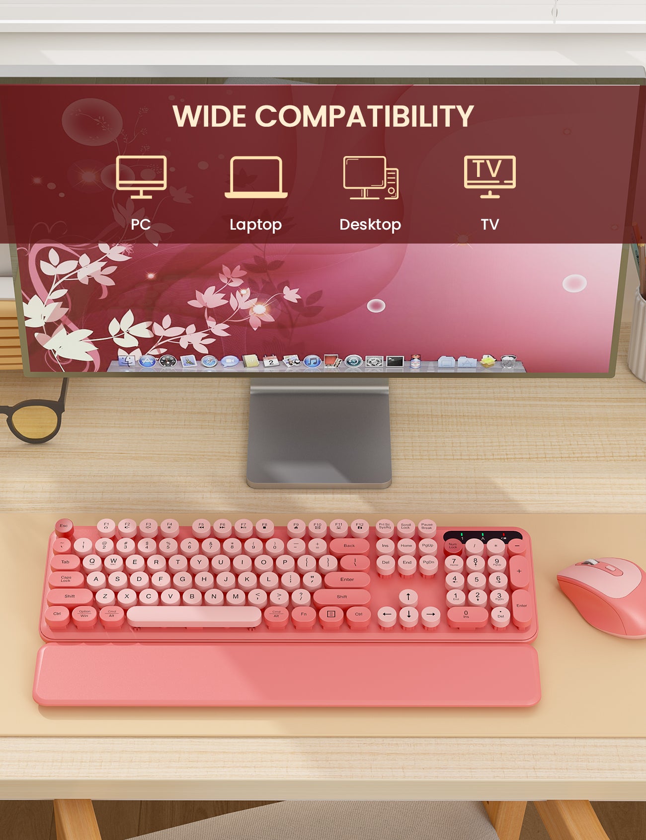 Wireless Keyboard and Mouse - Cute Typewriter Keyboard with Detachable Wrist Rest