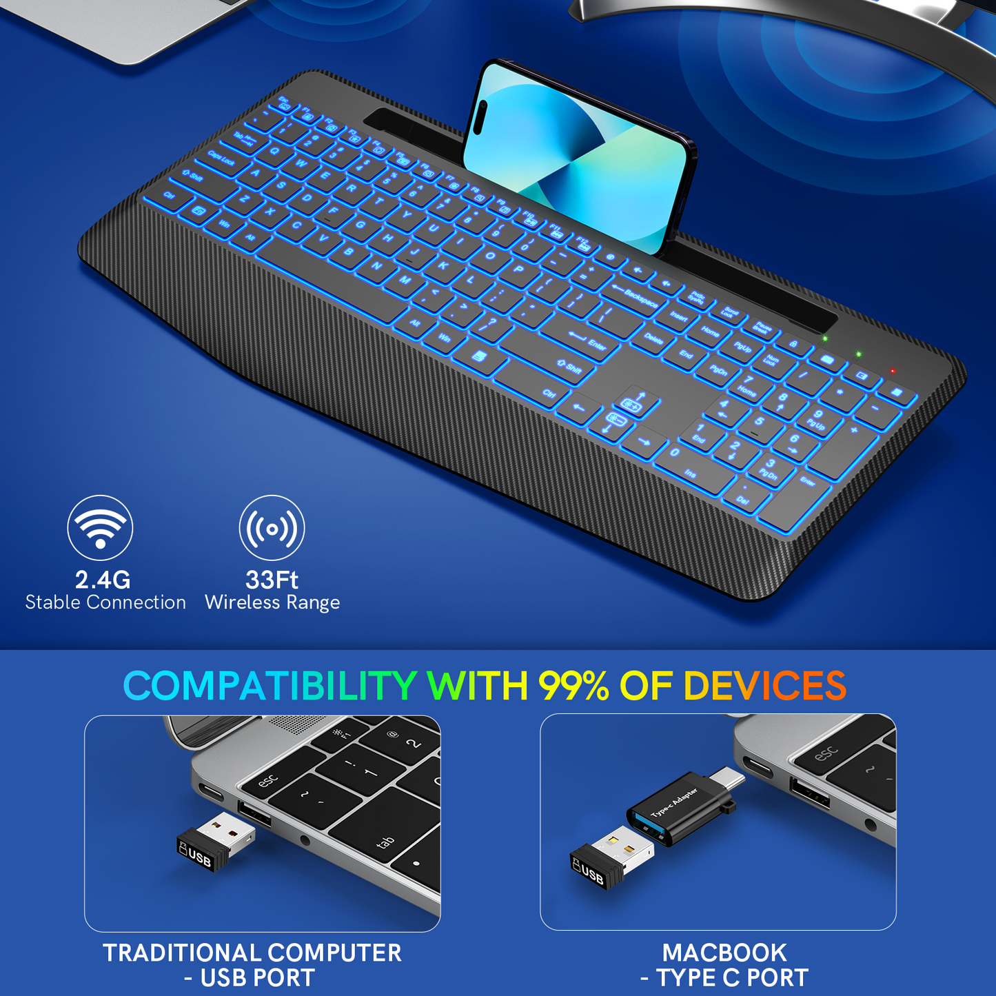 Wireless Keyboard with 7 Colored Backlits, Wrist Rest, Phone Holder