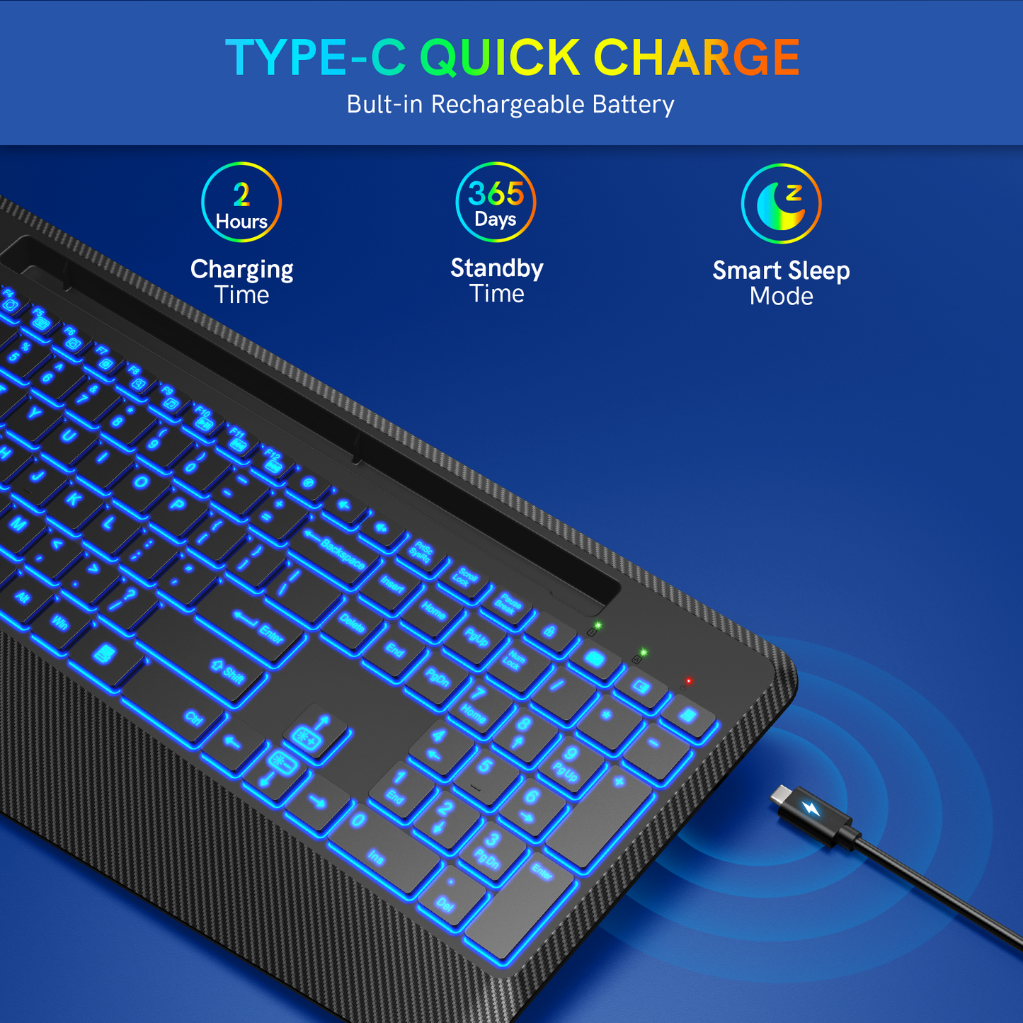 Wireless Keyboard with 7 Colored Backlits, Wrist Rest, Phone Holder