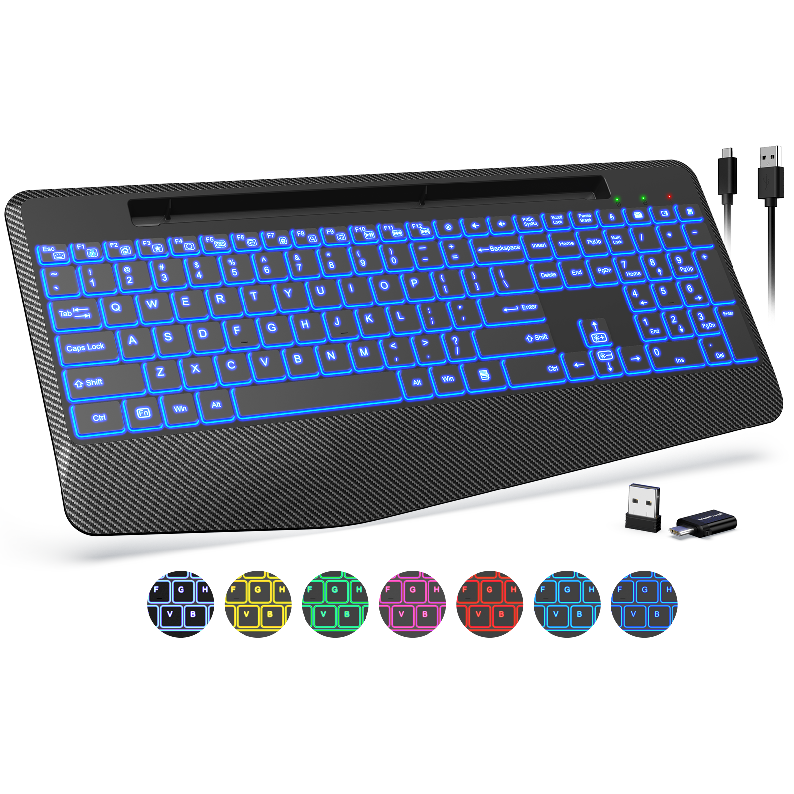 Wireless Keyboard with 7 Colored Backlits, Wrist Rest, Phone Holder