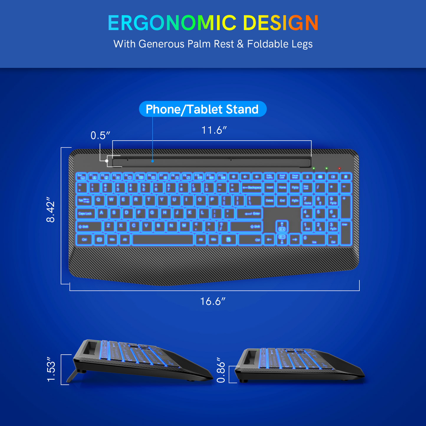 Wireless Keyboard with 7 Colored Backlits, Wrist Rest, Phone Holder