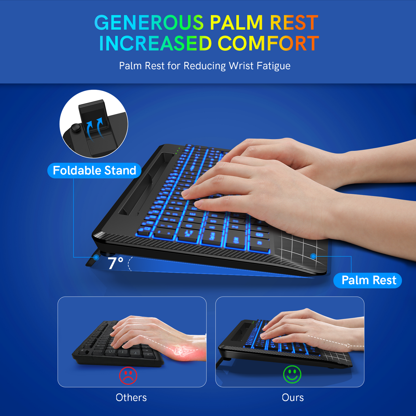 Wireless Keyboard with 7 Colored Backlits, Wrist Rest, Phone Holder