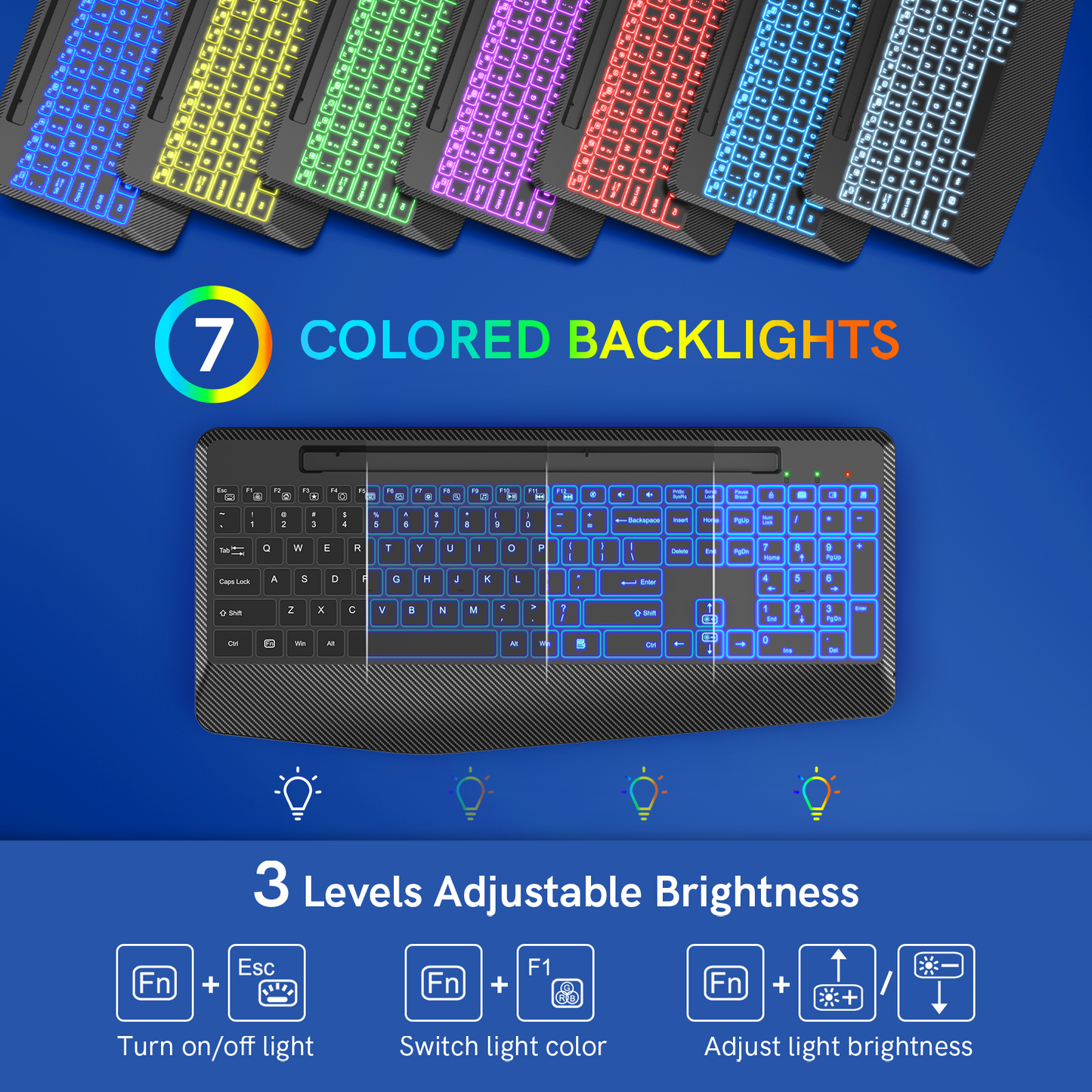 Wireless Keyboard with 7 Colored Backlits, Wrist Rest, Phone Holder