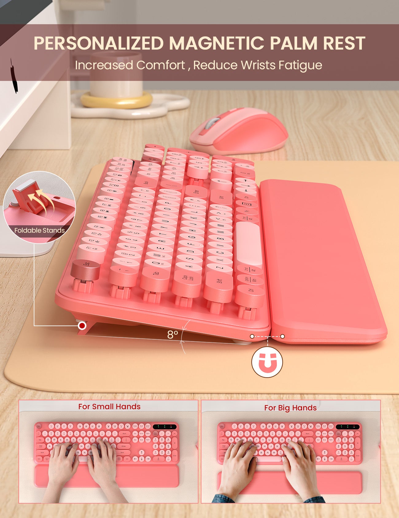 Wireless Keyboard and Mouse - Cute Typewriter Keyboard with Detachable Wrist Rest