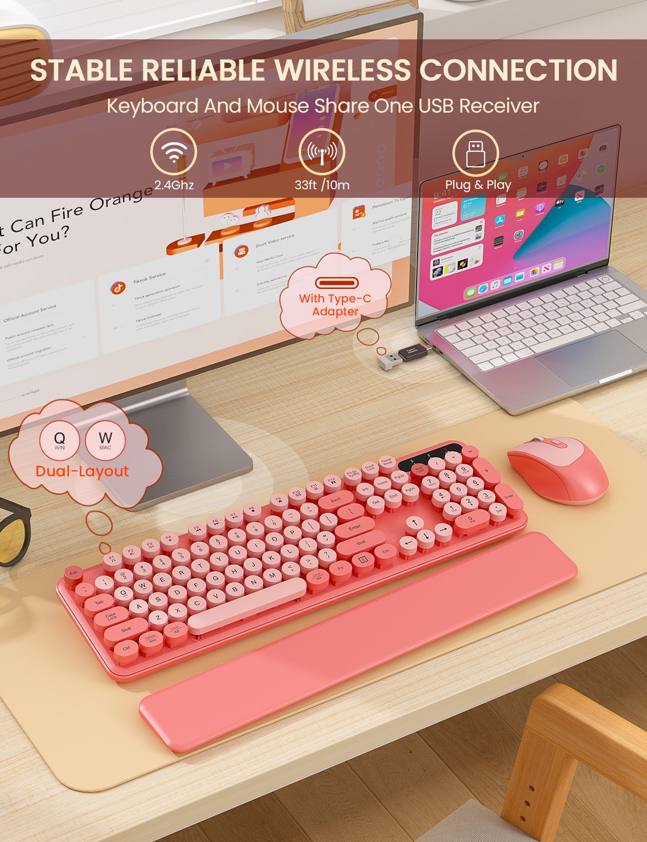 Wireless Keyboard and Mouse - Cute Typewriter Keyboard with Detachable Wrist Rest