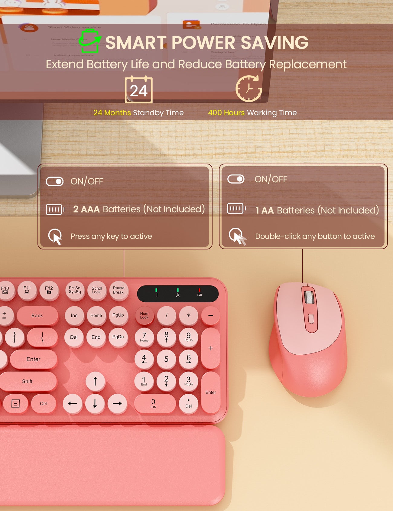 Wireless Keyboard and Mouse - Cute Typewriter Keyboard with Detachable Wrist Rest