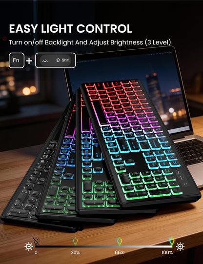 Wireless Keyboard and Mouse Combo, RGB Backlit, Rechargeable & Light Up Letters, Full-Size, Soft Typing, Sleep Mode, 2.4GHz Quiet Keyboard Set for Mac, Windows, Laptop, PC, Trueque KM42Pro (Black)
