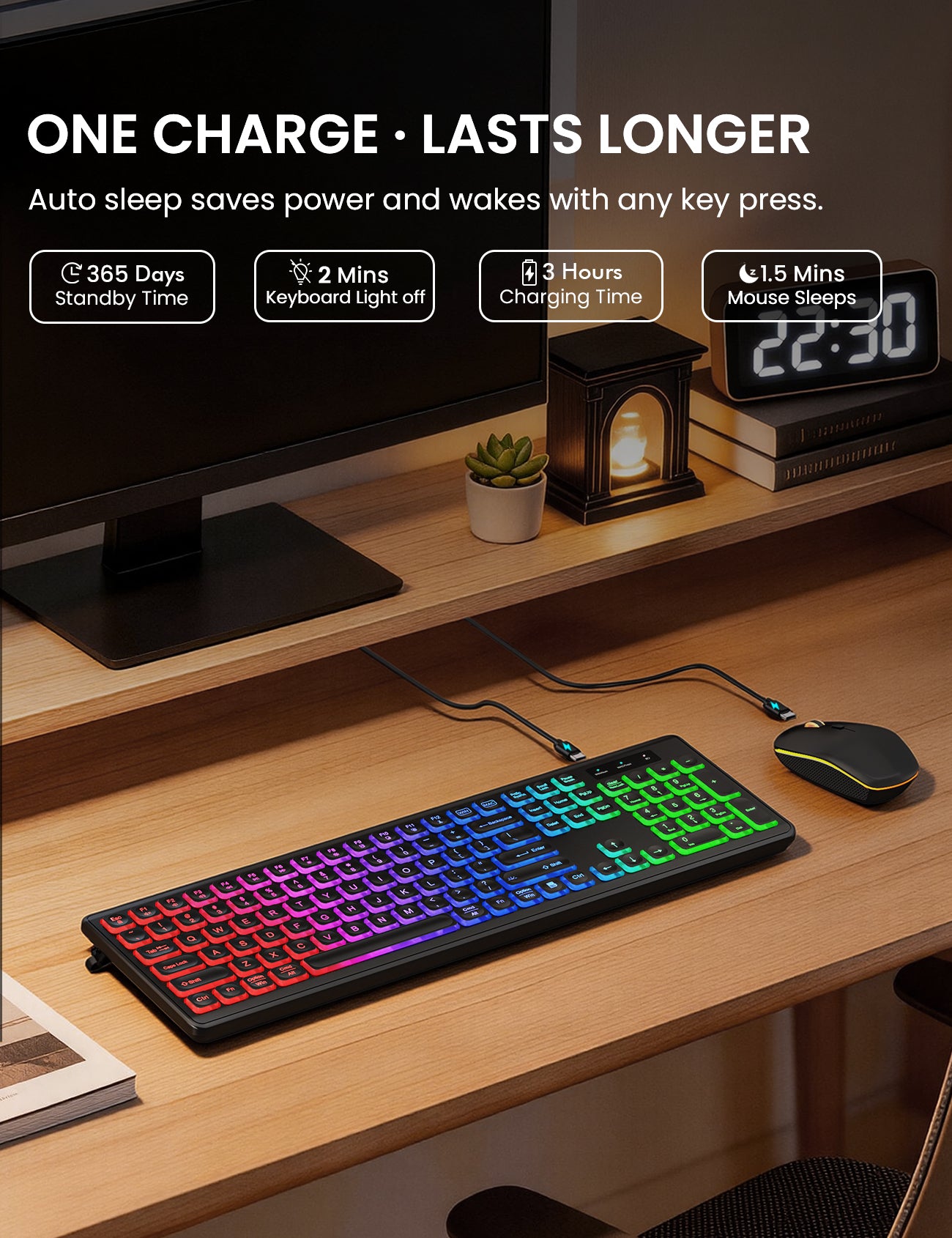 Wireless Keyboard and Mouse Combo, RGB Backlit, Rechargeable & Light Up Letters, Full-Size, Soft Typing, Sleep Mode, 2.4GHz Quiet Keyboard Set for Mac, Windows, Laptop, PC, Trueque KM42Pro (Black)