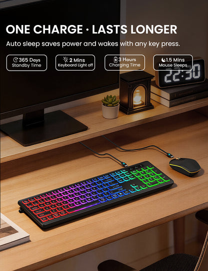 Wireless Keyboard and Mouse Combo, RGB Backlit, Rechargeable & Light Up Letters, Full-Size, Soft Typing, Sleep Mode, 2.4GHz Quiet Keyboard Set for Mac, Windows, Laptop, PC, Trueque KM42Pro (Black)