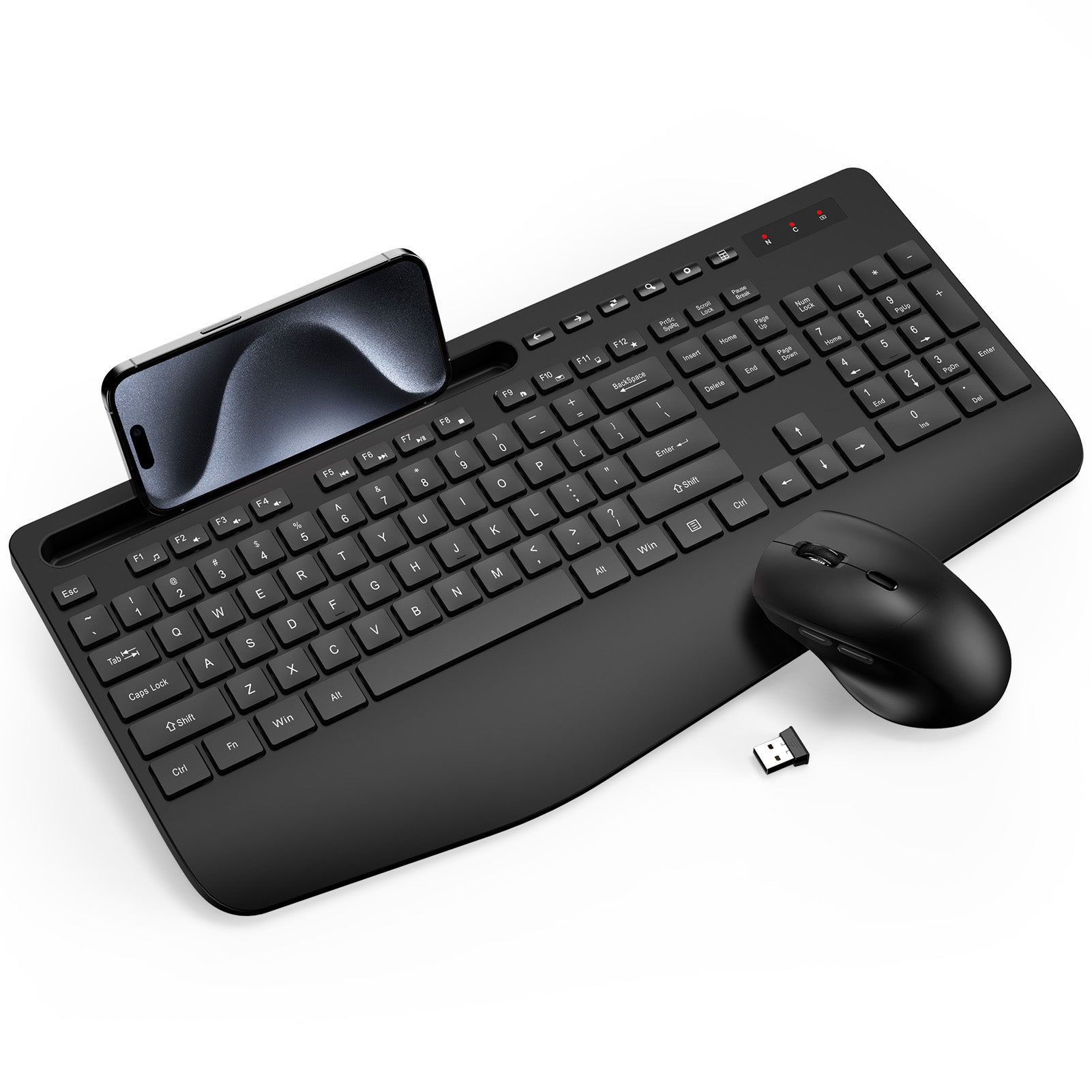 Wireless Keyboard and Mouse Combo - Full-Sized Ergonomic Keyboard with Wrist Rest, Phone Holder, Sleep Mode, 2.4G Quiet Keyboard for PC Laptop, Complete Work Setup for Office or Home -Trueque KM23