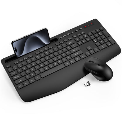 Wireless Keyboard and Mouse Combo - Full-Sized Ergonomic Keyboard with Wrist Rest, Phone Holder, Sleep Mode, 2.4G Quiet Keyboard for PC Laptop, Complete Work Setup for Office or Home -Trueque KM23