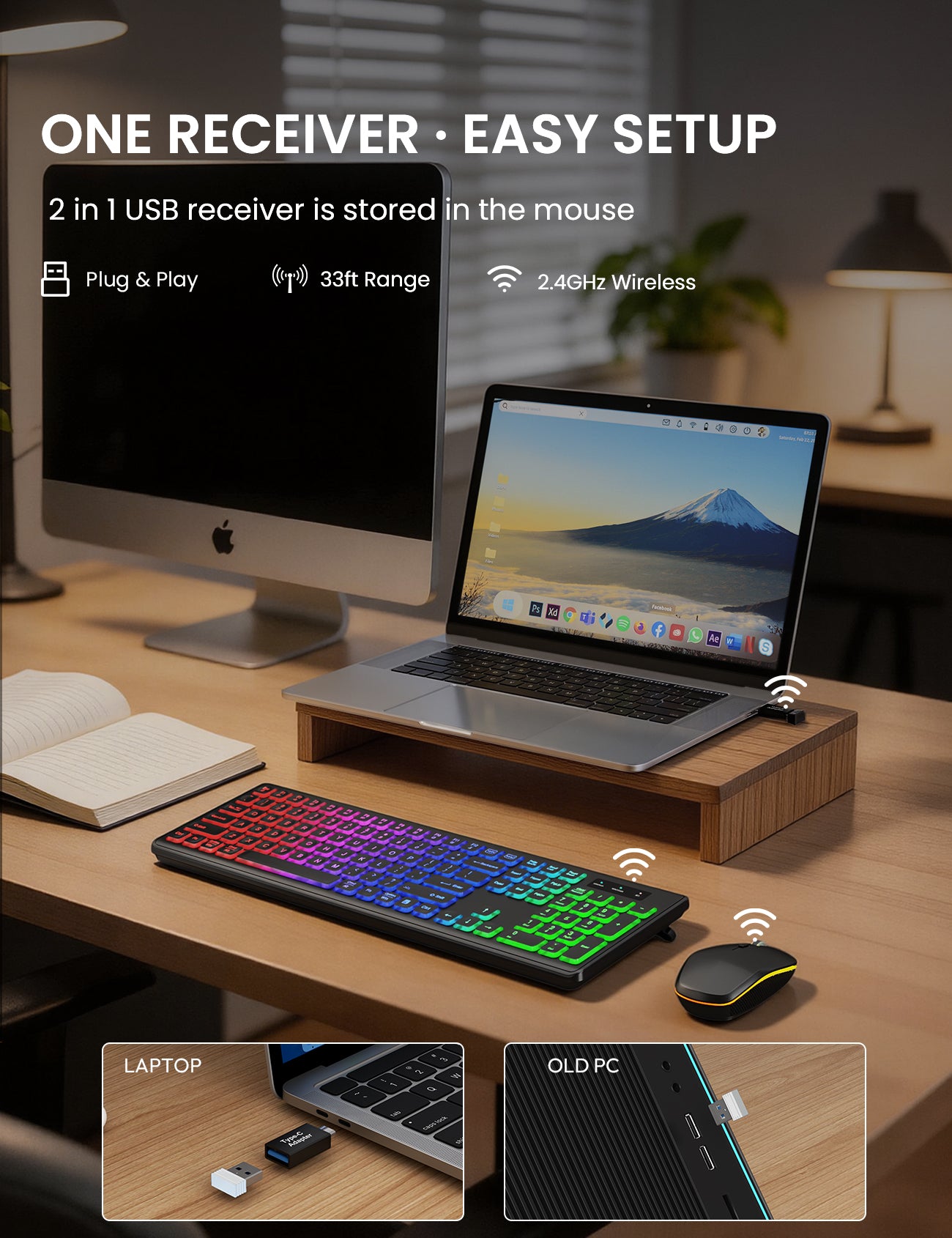 Wireless Keyboard and Mouse Combo, RGB Backlit, Rechargeable & Light Up Letters, Full-Size, Soft Typing, Sleep Mode, 2.4GHz Quiet Keyboard Set for Mac, Windows, Laptop, PC, Trueque KM42Pro (Black)