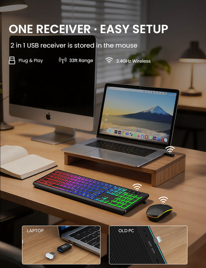 Wireless Keyboard and Mouse Combo, RGB Backlit, Rechargeable & Light Up Letters, Full-Size, Soft Typing, Sleep Mode, 2.4GHz Quiet Keyboard Set for Mac, Windows, Laptop, PC, Trueque KM42Pro (Black)