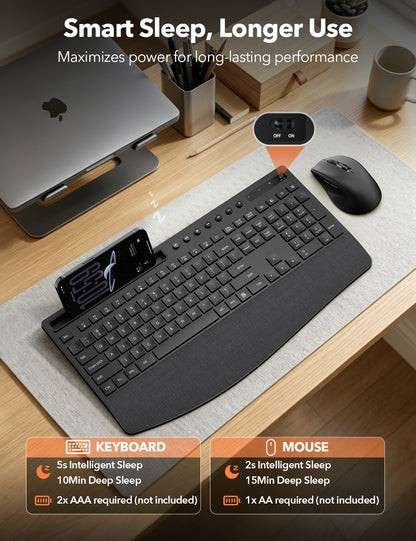 Wireless Keyboard and Mouse Combo, Full Size with Wrist Rest, Trueque KM71 | Ergonomic, Wider Wrist Support, Sleep Mode, Silent Typing, 3 DPI Mouse, USB-C Adapter, 2.4GHz Stable for Laptop, PC