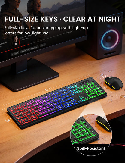 Wireless Keyboard and Mouse Combo, RGB Backlit, Rechargeable & Light Up Letters, Full-Size, Soft Typing, Sleep Mode, 2.4GHz Quiet Keyboard Set for Mac, Windows, Laptop, PC, Trueque KM42Pro (Black)