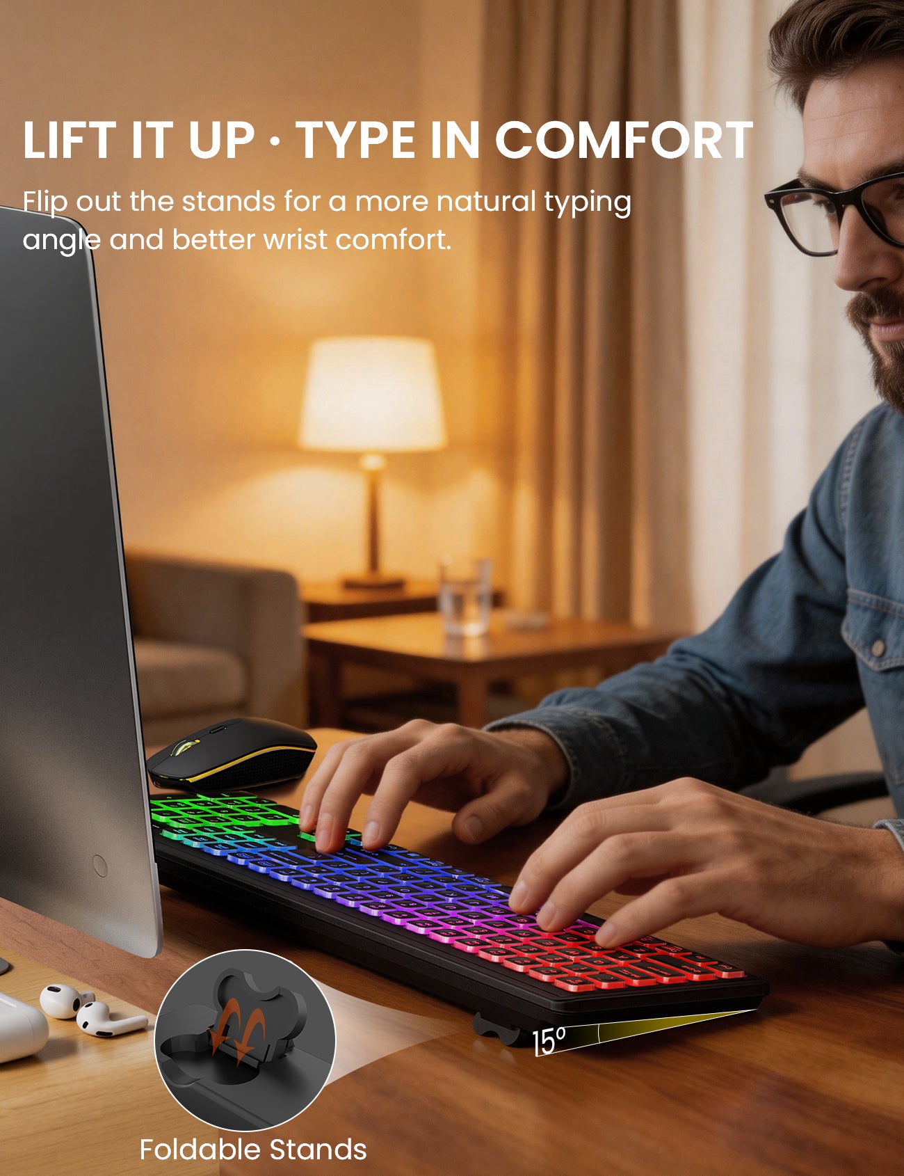 Wireless Keyboard and Mouse Combo, RGB Backlit, Rechargeable & Light Up Letters, Full-Size, Soft Typing, Sleep Mode, 2.4GHz Quiet Keyboard Set for Mac, Windows, Laptop, PC, Trueque KM42Pro (Black)