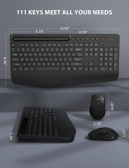 Wireless Keyboard and Mouse Combo - Full-Sized Ergonomic Keyboard with Wrist Rest, Phone Holder, Sleep Mode, 2.4G Quiet Keyboard for PC Laptop, Complete Work Setup for Office or Home -Trueque KM23