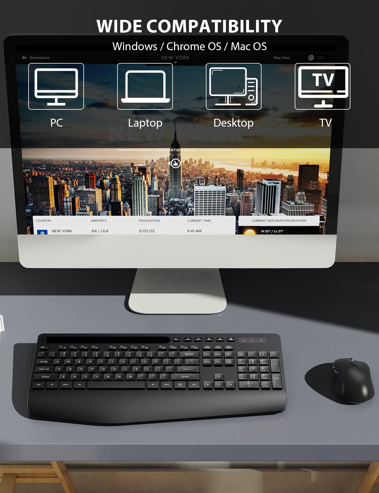 Wireless Keyboard and Mouse Combo - Full-Sized Ergonomic Keyboard with Wrist Rest, Phone Holder, Sleep Mode, 2.4G Quiet Keyboard for PC Laptop, Complete Work Setup for Office or Home -Trueque KM23