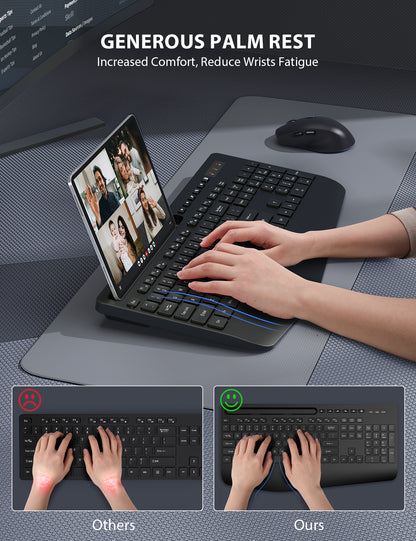 Wireless Keyboard and Mouse Combo - Full-Sized Ergonomic Keyboard with Wrist Rest, Phone Holder, Sleep Mode, 2.4G Quiet Keyboard for PC Laptop, Complete Work Setup for Office or Home -Trueque KM23