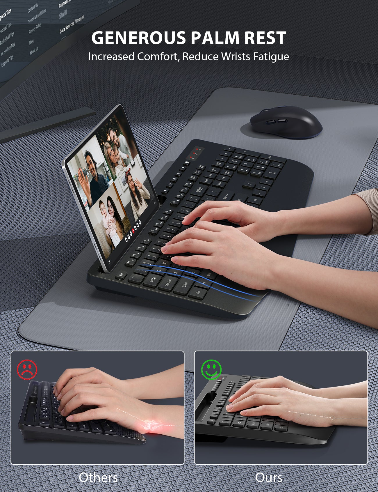 Wireless Keyboard and Mouse Combo - Full-Sized Ergonomic Keyboard with Wrist Rest, Phone Holder, Sleep Mode, 2.4G Quiet Keyboard for PC Laptop, Complete Work Setup for Office or Home -Trueque KM23