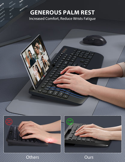 Wireless Keyboard and Mouse Combo - Full-Sized Ergonomic Keyboard with Wrist Rest, Phone Holder, Sleep Mode, 2.4G Quiet Keyboard for PC Laptop, Complete Work Setup for Office or Home -Trueque KM23