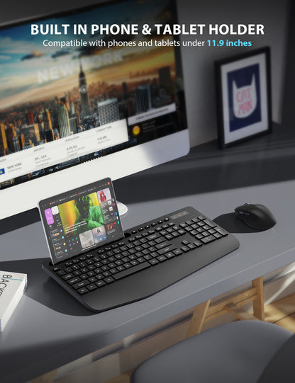 Wireless Keyboard and Mouse Combo - Full-Sized Ergonomic Keyboard with Wrist Rest, Phone Holder, Sleep Mode, 2.4G Quiet Keyboard for PC Laptop, Complete Work Setup for Office or Home -Trueque KM23