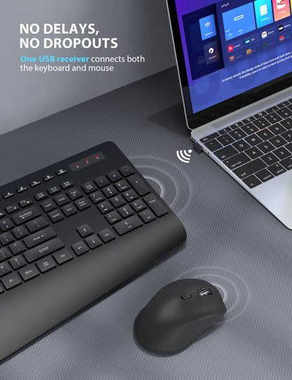 Wireless Keyboard and Mouse Combo - Full-Sized Ergonomic Keyboard with Wrist Rest, Phone Holder, Sleep Mode, 2.4G Quiet Keyboard for PC Laptop, Complete Work Setup for Office or Home -Trueque KM23