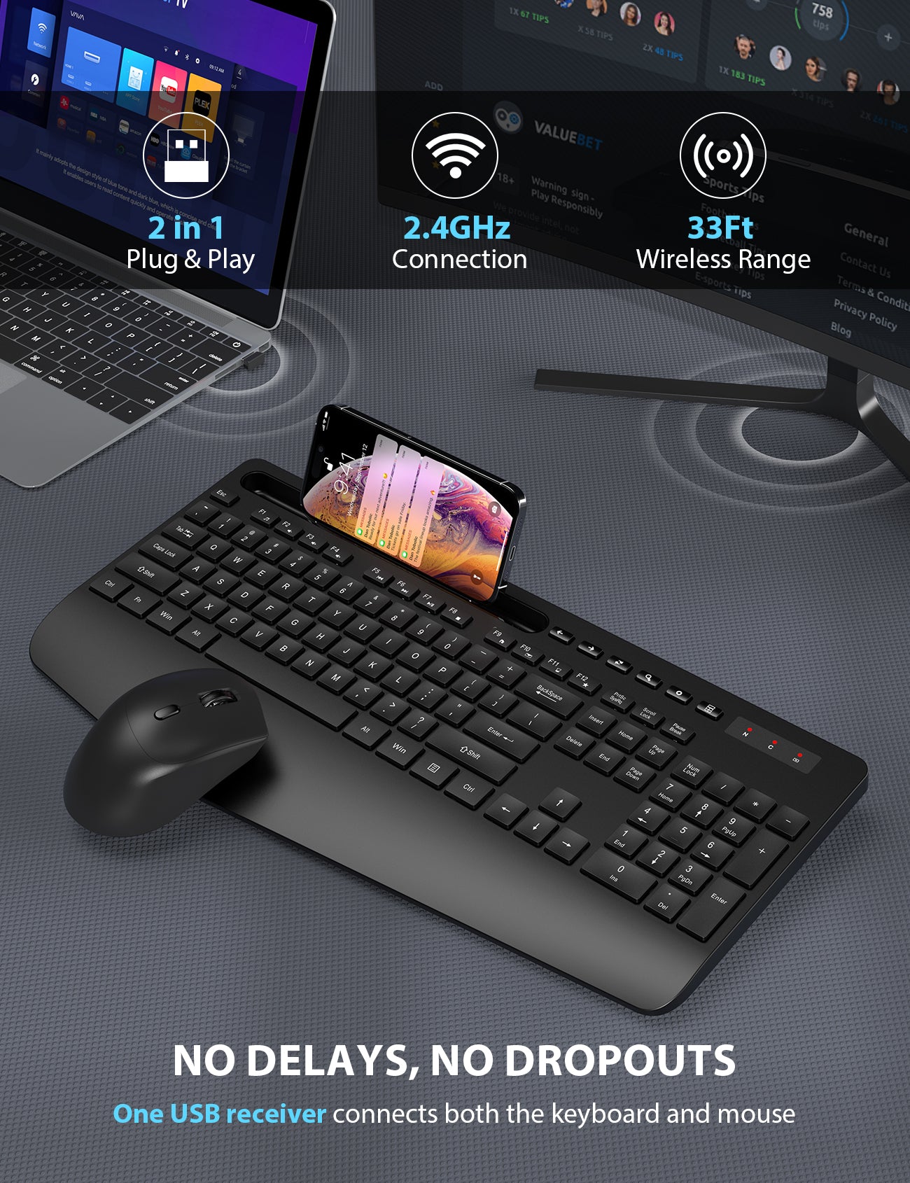 Wireless Keyboard and Mouse Combo - Full-Sized Ergonomic Keyboard with Wrist Rest, Phone Holder, Sleep Mode, 2.4G Quiet Keyboard for PC Laptop, Complete Work Setup for Office or Home -Trueque KM23
