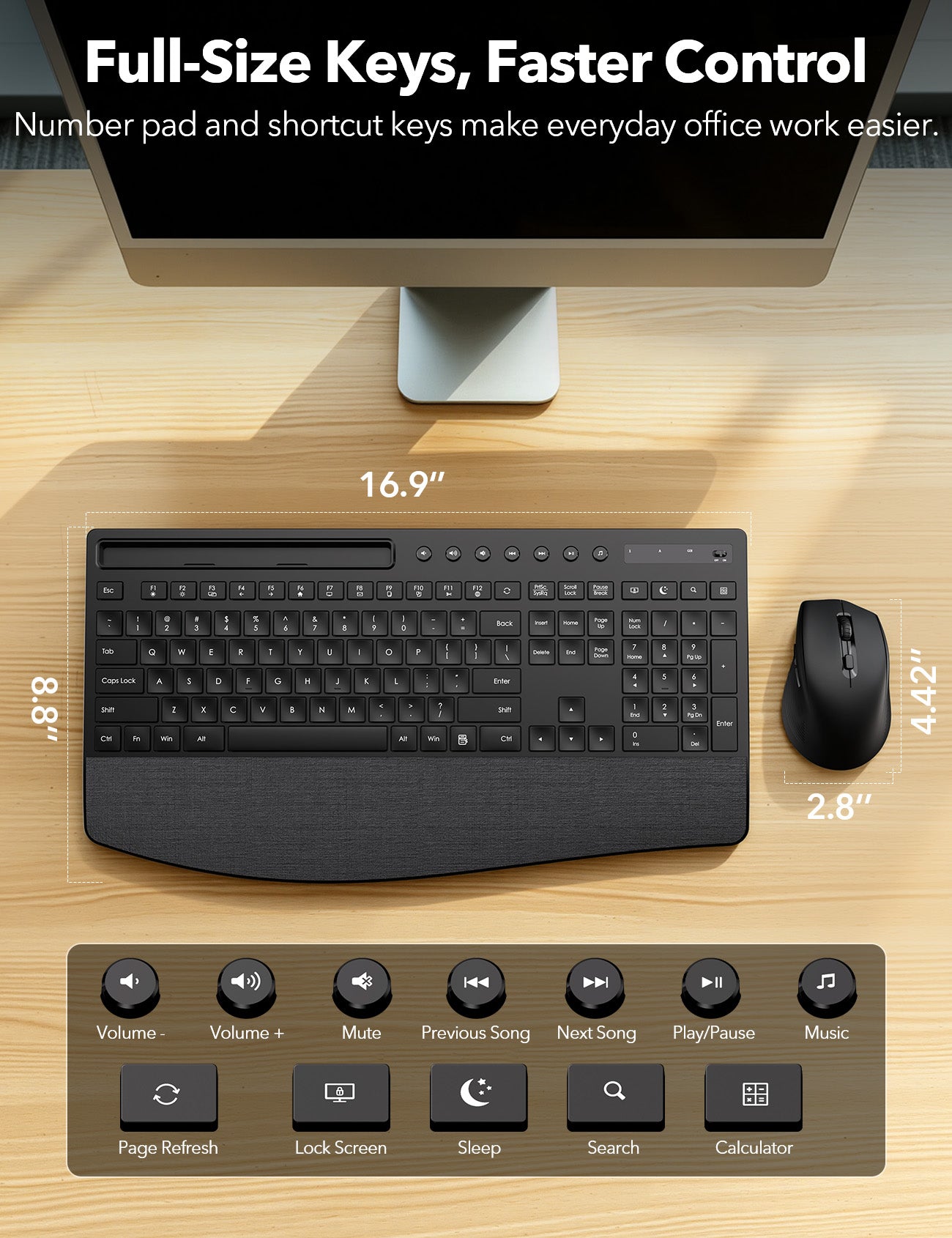 Wireless Keyboard and Mouse Combo, Full Size with Wrist Rest, Trueque KM71 | Ergonomic, Wider Wrist Support, Sleep Mode, Silent Typing, 3 DPI Mouse, USB-C Adapter, 2.4GHz Stable for Laptop, PC
