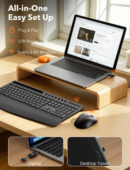 Wireless Keyboard and Mouse Combo, Full Size with Wrist Rest, Trueque KM71 | Ergonomic, Wider Wrist Support, Sleep Mode, Silent Typing, 3 DPI Mouse, USB-C Adapter, 2.4GHz Stable for Laptop, PC